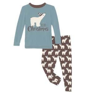 NEW KICKEE kids' long graphic tee sleeve pajama set in coffee polar bears